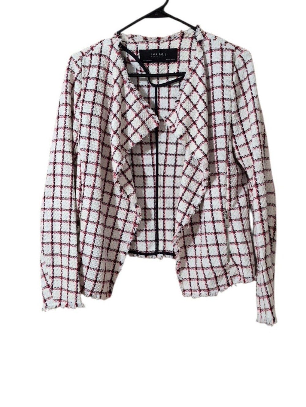 Zara Basics White & Red Frayed Edge Windowpane Tweed Open-Front Blazer Sz Sm EUC